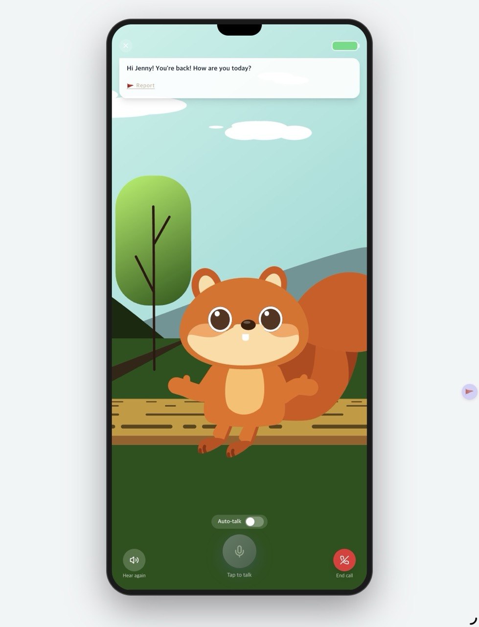 The same call screen a moment later, Writy in a different animated pose