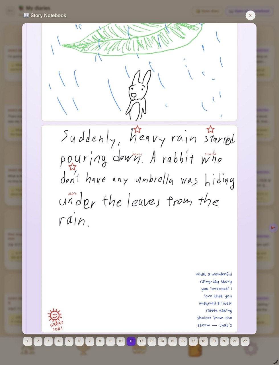 A handwritten story in Peera, with same-day writing feedback shown alongside it