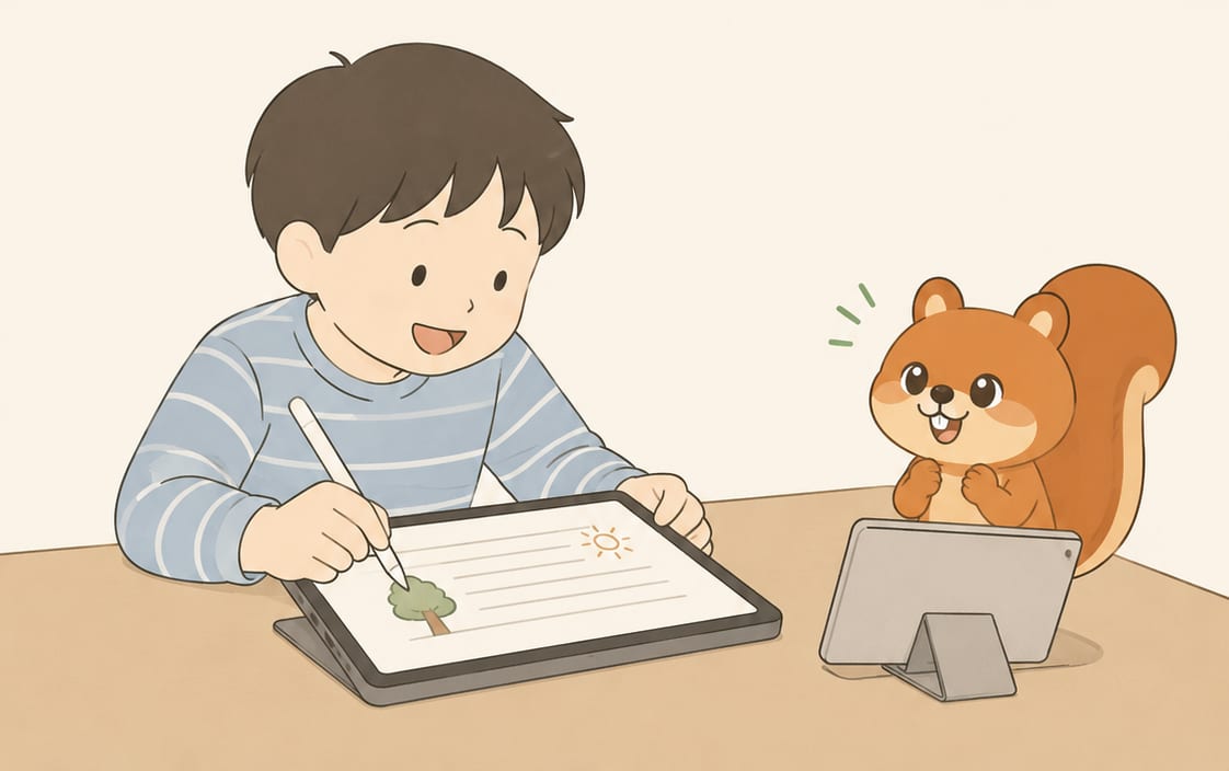 라이티와 전화하며 태블릿에 일기를 쓰는, 웃는 아이