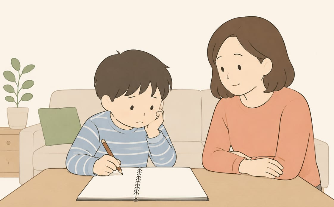 빈 일기장 앞에서 무엇을 쓸지 몰라 막막해하는 아이와 곁을 지키는 엄마